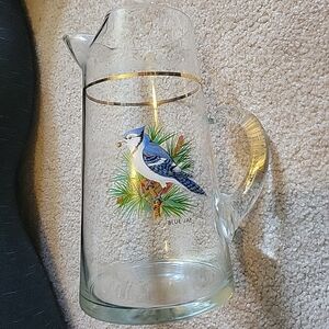 Vintage West Virginia Glass Pitcher Ice Lip Birds Bluejay Cardinal 9.75"